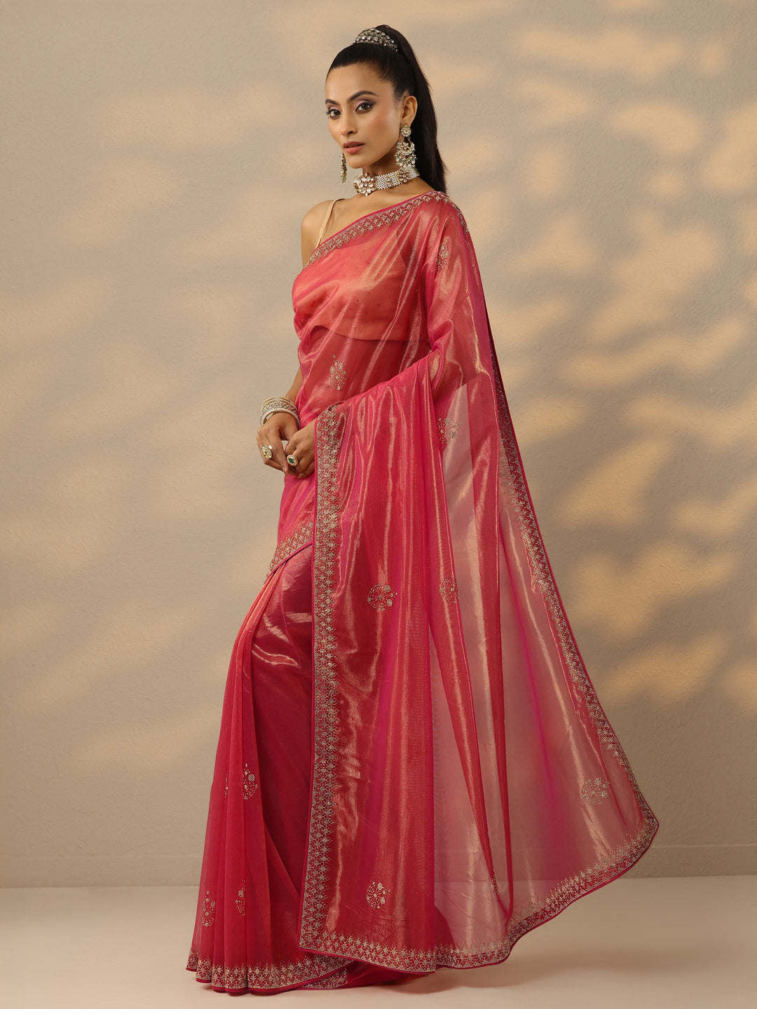  Pink Embellished Nylon Saree With Unstitched Blouse Piece 