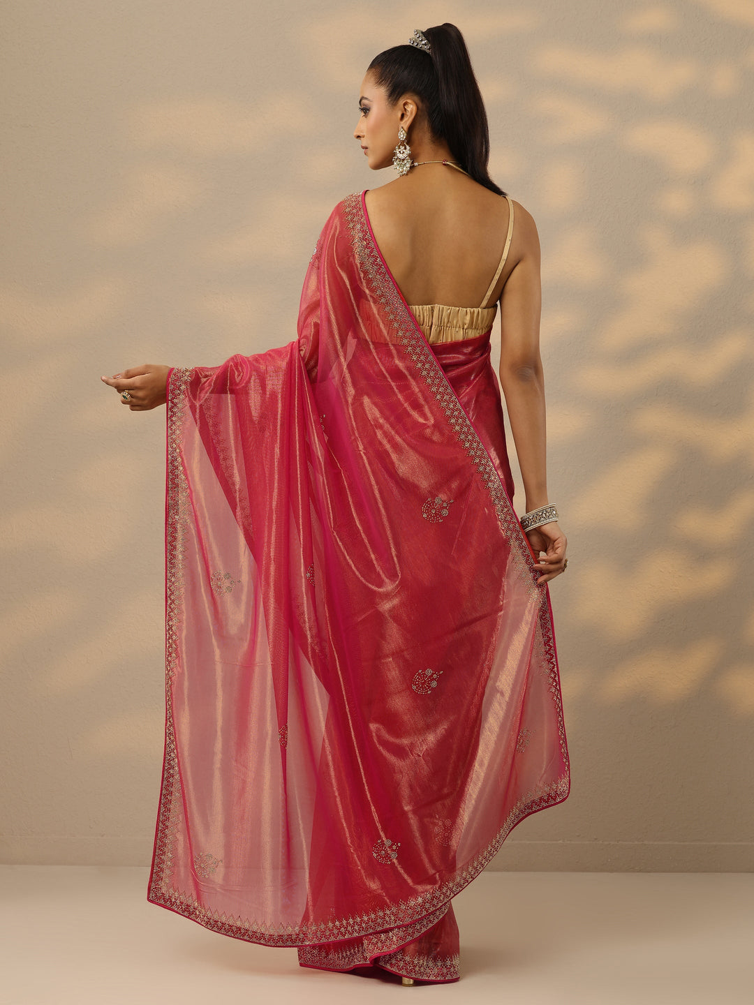  Pink Embellished Nylon Saree With Unstitched Blouse Piece 