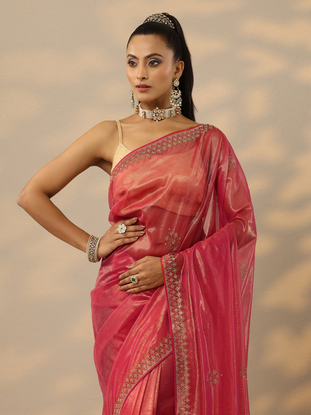  Pink Embellished Nylon Saree With Unstitched Blouse Piece 