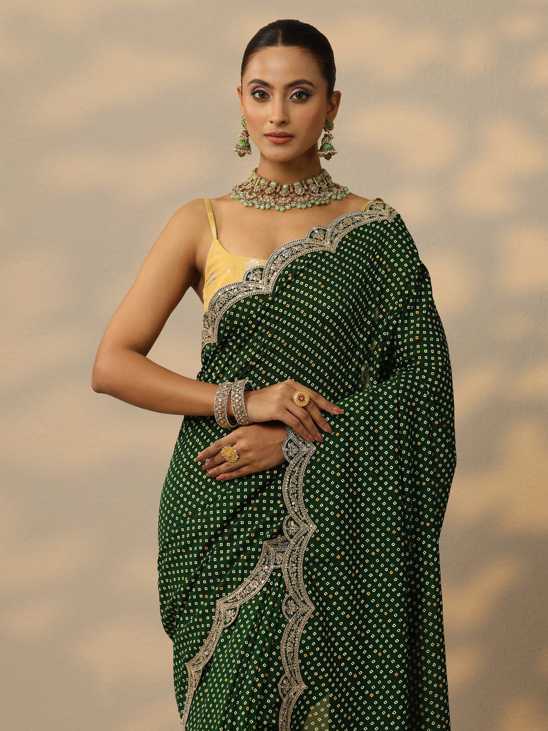  Green Bandhani  Printed Silk Blend Saree With Unstitched Blouse Piece 