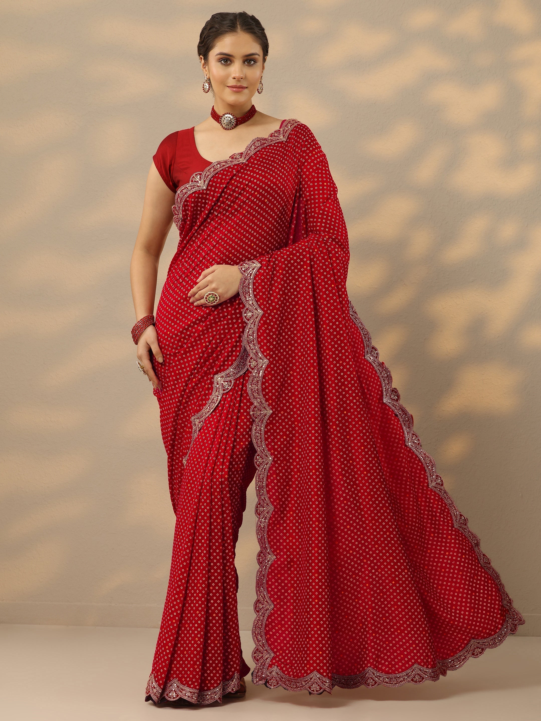 libas Red Bandhani Printed Silk Blend Saree With Unstitched Blouse Piece-picture-62