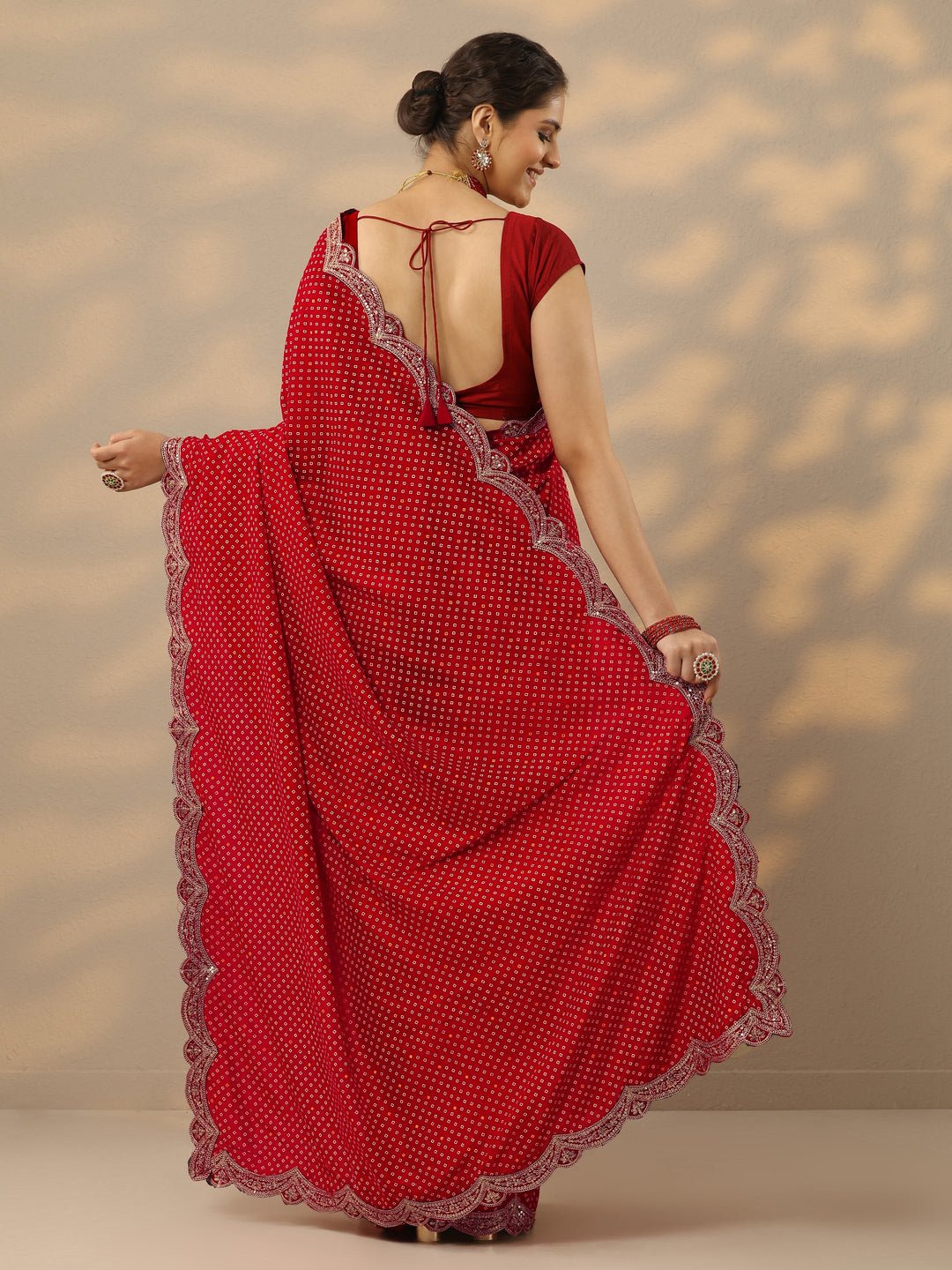  Red Bandhani  Printed Silk Blend Saree With Unstitched Blouse Piece 