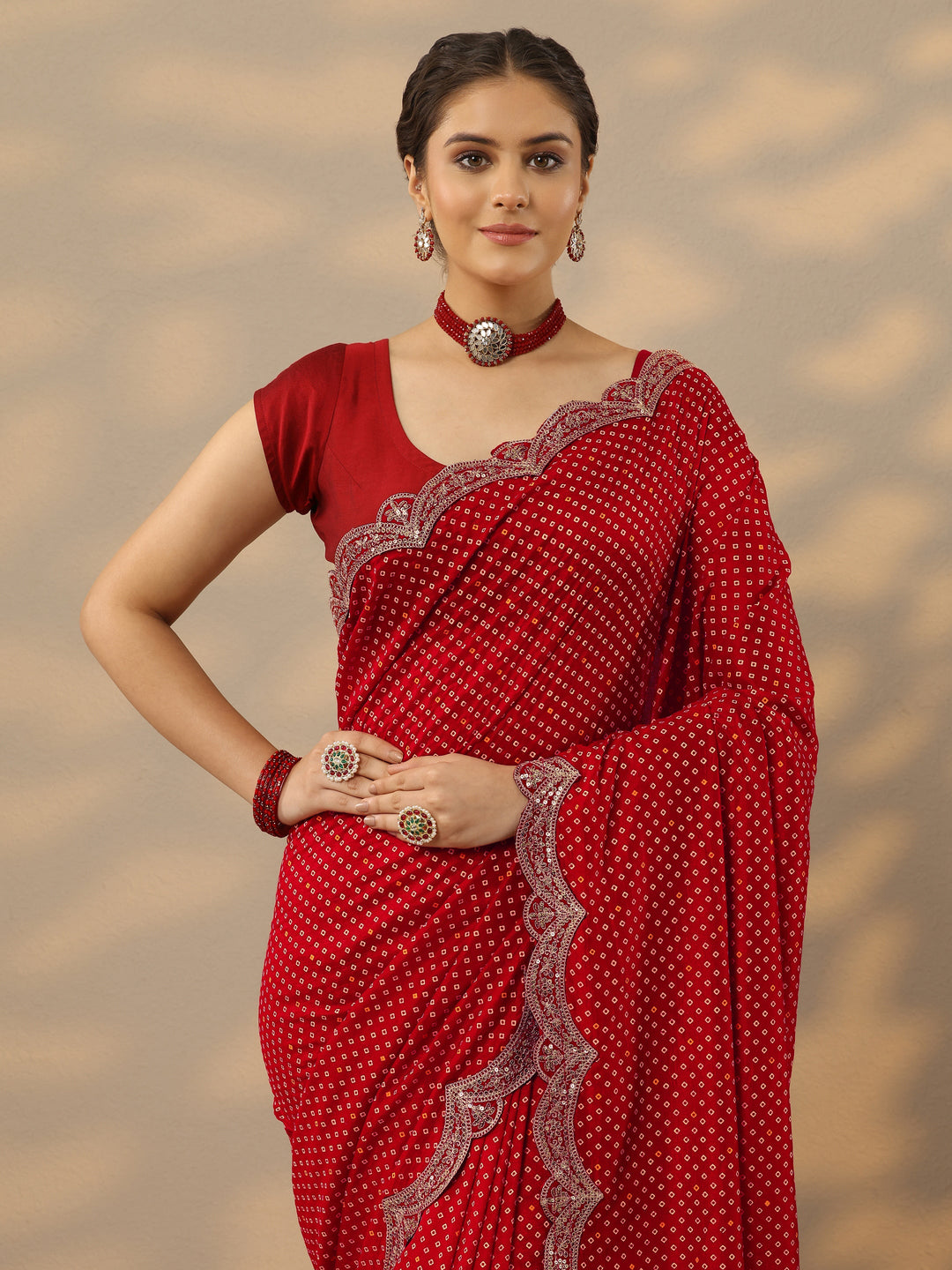  Red Bandhani  Printed Silk Blend Saree With Unstitched Blouse Piece 