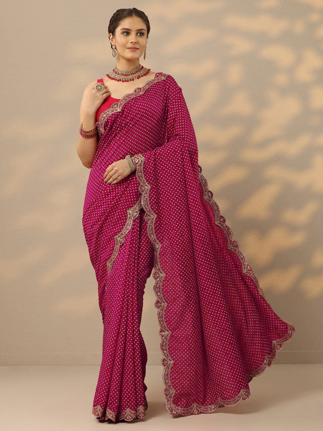  Pink Bandhani  Printed Silk Blend Saree With Unstitched Blouse Piece 