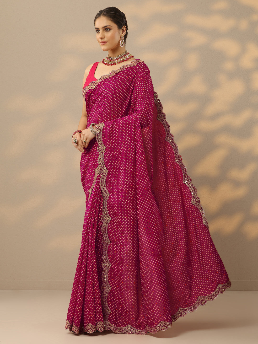  Pink Bandhani  Printed Silk Blend Saree With Unstitched Blouse Piece 