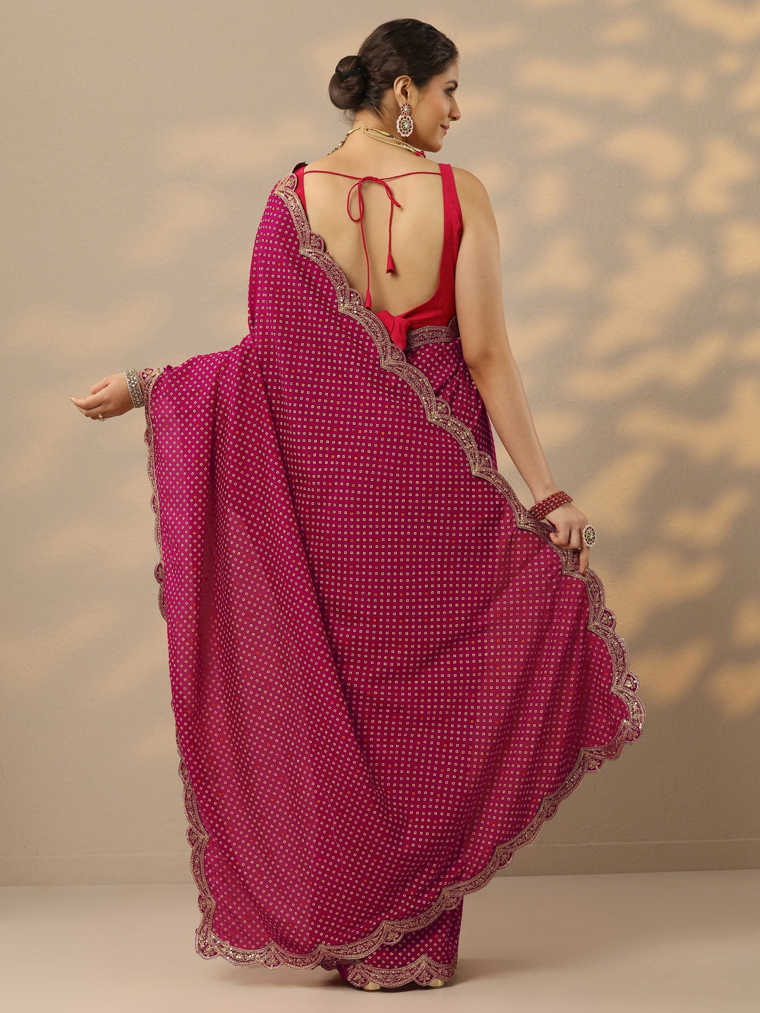  Pink Bandhani  Printed Silk Blend Saree With Unstitched Blouse Piece 