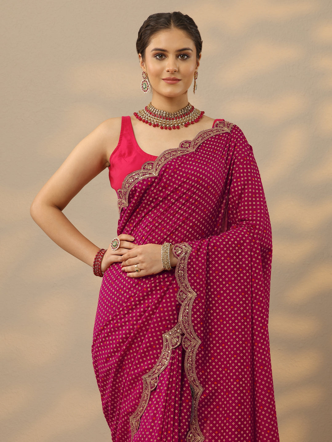  Pink Bandhani  Printed Silk Blend Saree With Unstitched Blouse Piece 