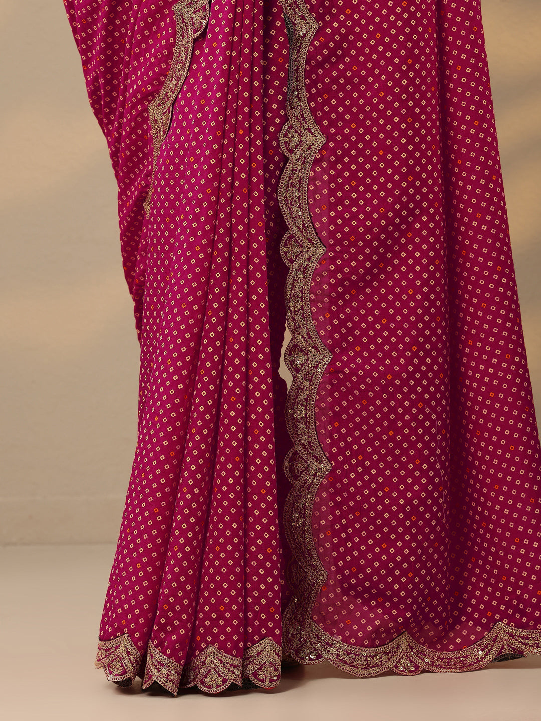  Pink Bandhani  Printed Silk Blend Saree With Unstitched Blouse Piece 