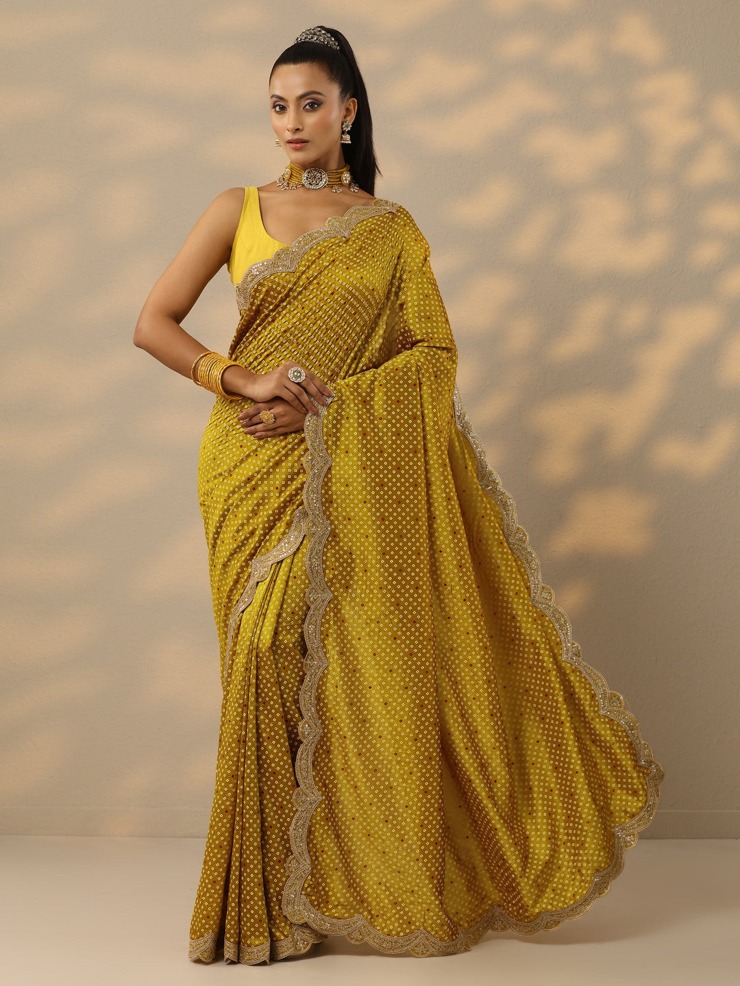 Mustard Bandhani  Printed Silk Blend Saree With Unstitched Blouse Piece 