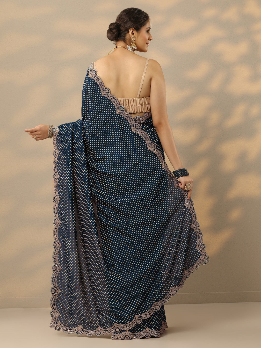  Blue Printed Silk Blend Saree With Unstitched Blouse Piece 