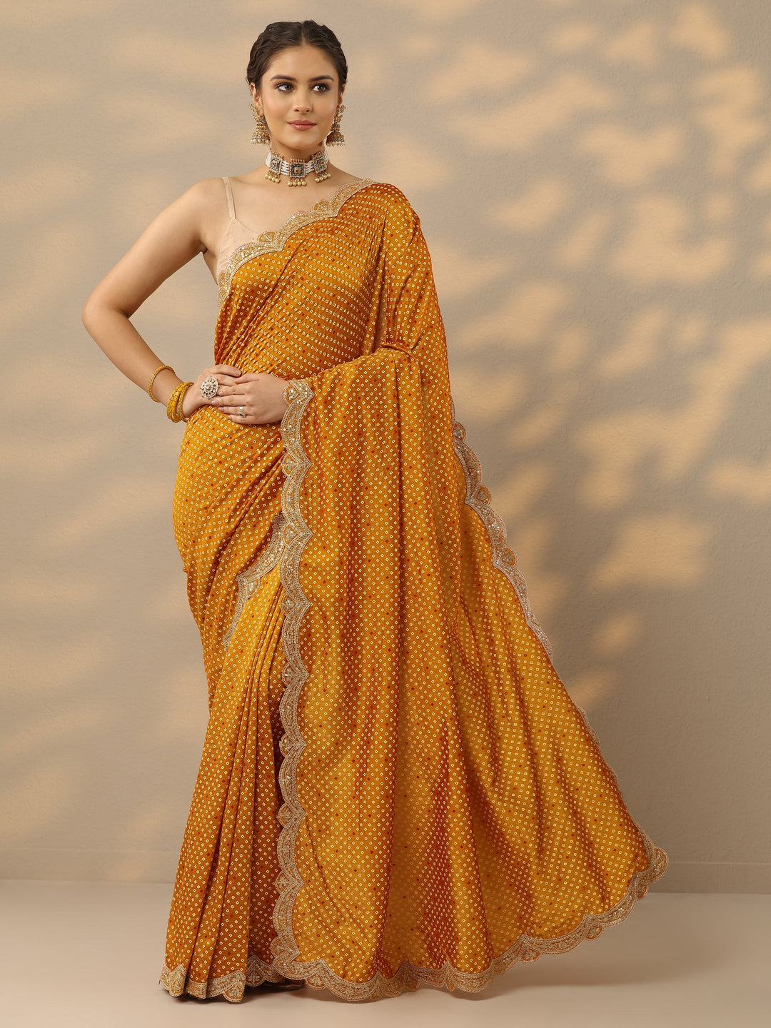  Mustard Bandhani  Printed Silk Blend Saree With Unstitched Blouse Piece 