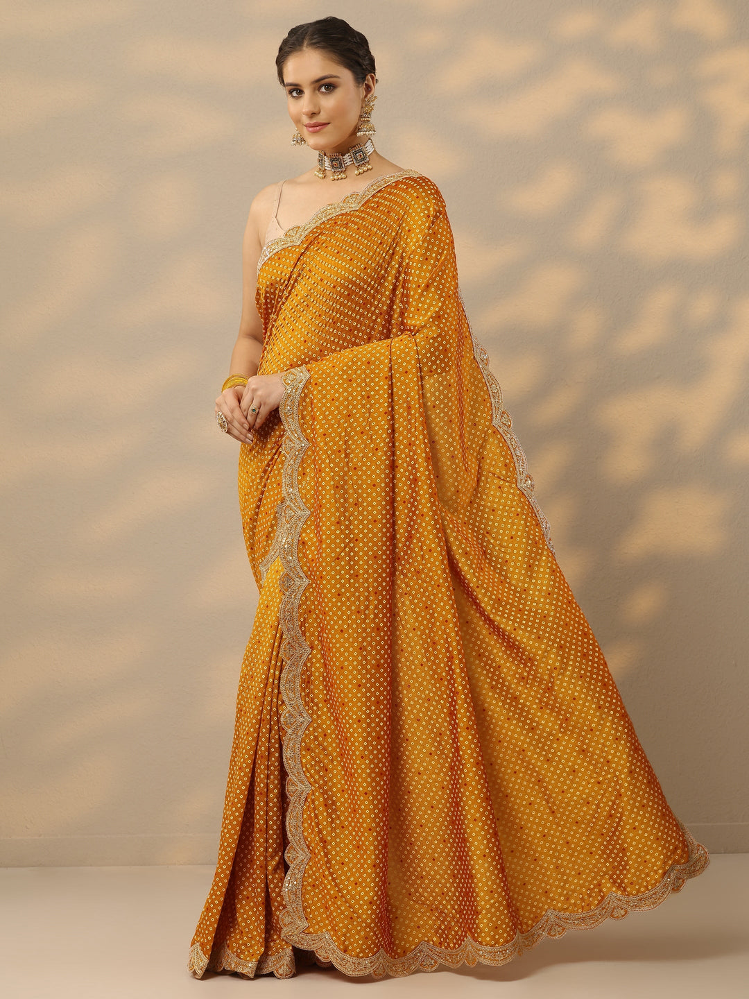  Mustard Bandhani  Printed Silk Blend Saree With Unstitched Blouse Piece 