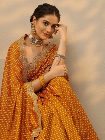 Mustard Bandhani  Printed Silk Blend Saree With Unstitched Blouse Piece