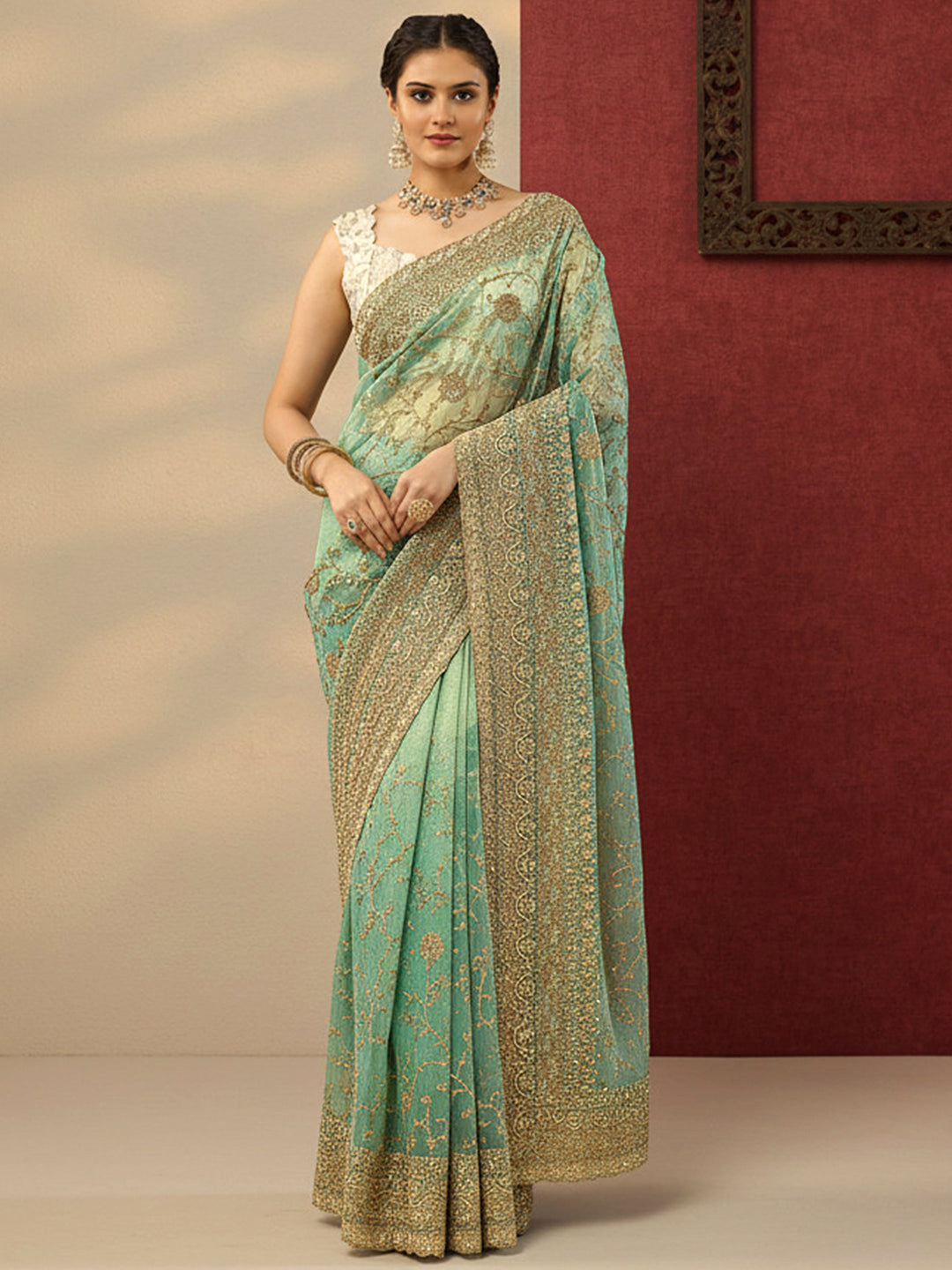 Blue Embroidered Banarasi Nylon Saree With Unstitched Blouse Piece