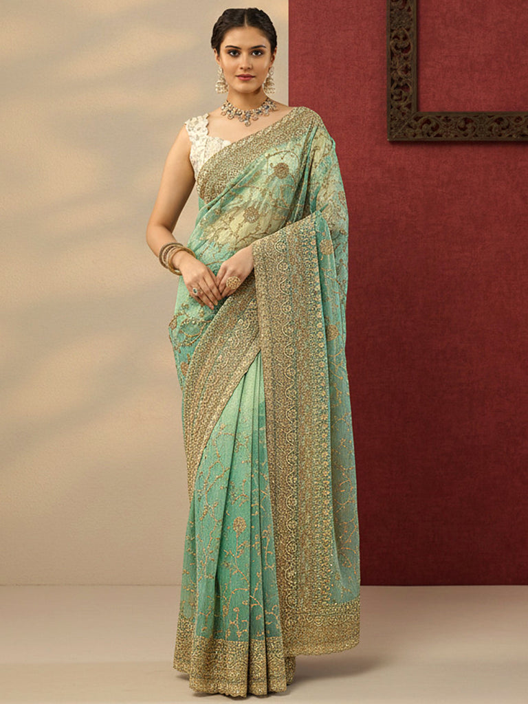 Libas Blue Embroidered Banarasi Nylon Saree With Unstitched Blouse Piece