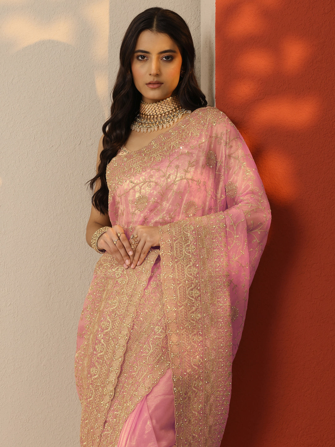 Peach Embroidered Nylon Saree With Unstitched Blouse Piece