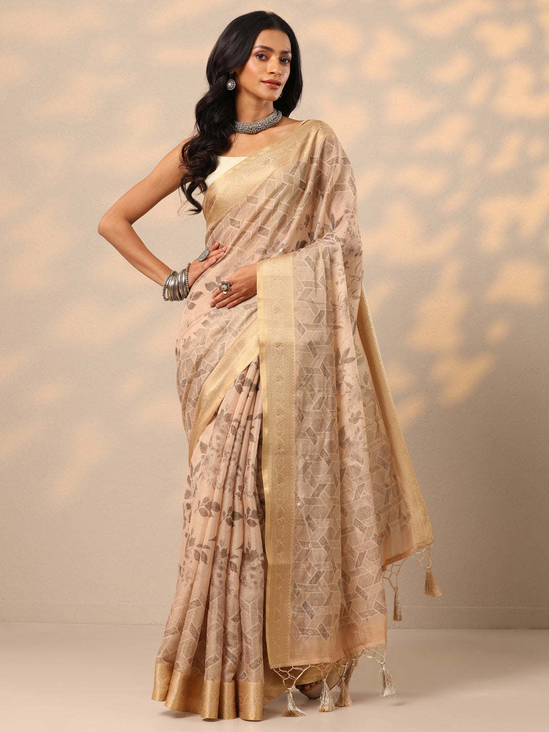  Beige Printed Silk blend Saree With Unstitched Blouse Piece 