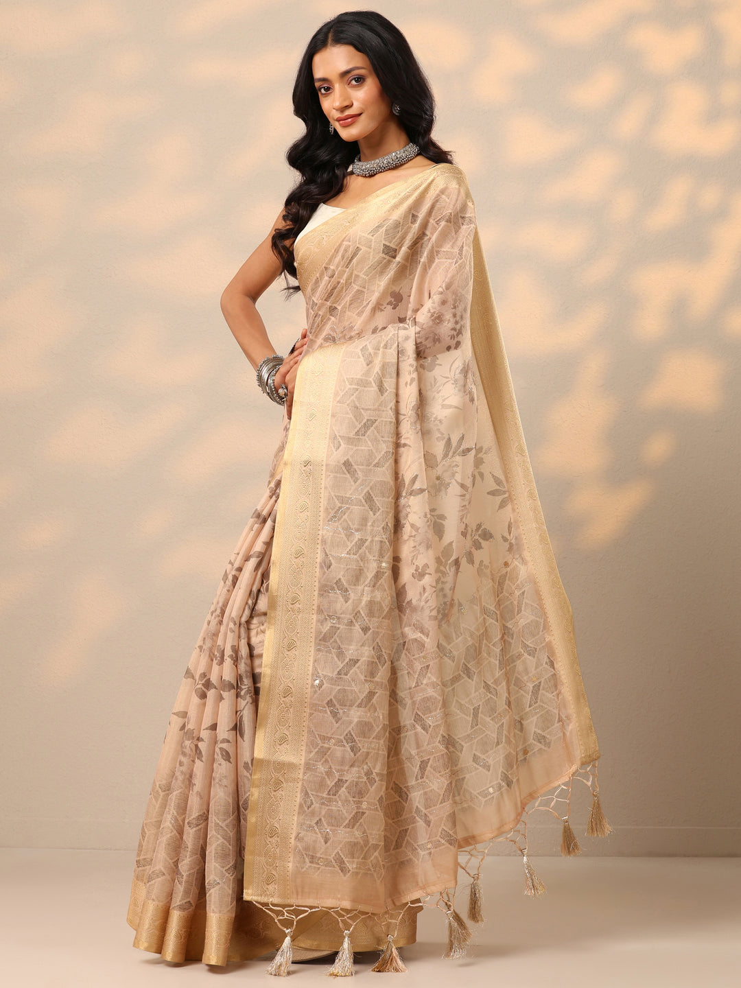  Beige Printed Silk blend Saree With Unstitched Blouse Piece 