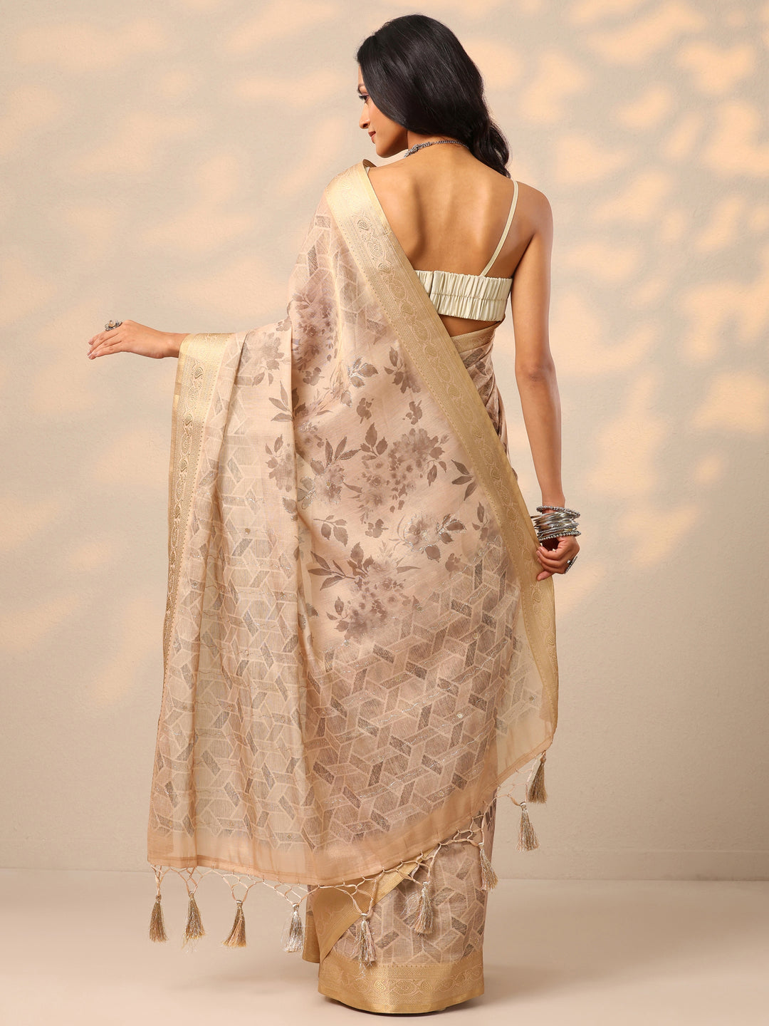 Beige Printed Silk blend Saree With Unstitched Blouse Piece 