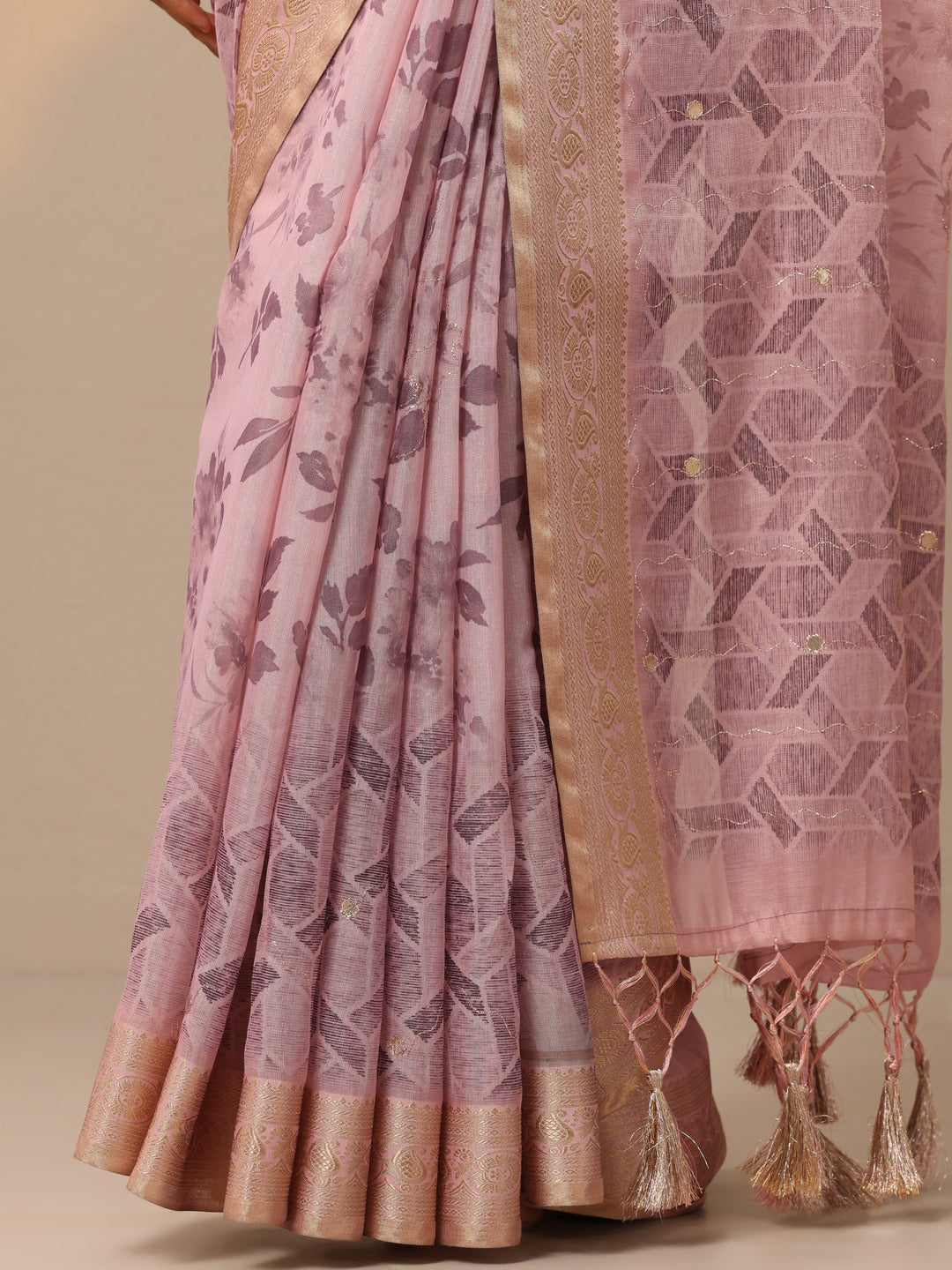  Mauve Printed Silk blend Saree With Unstitched Blouse Piece 