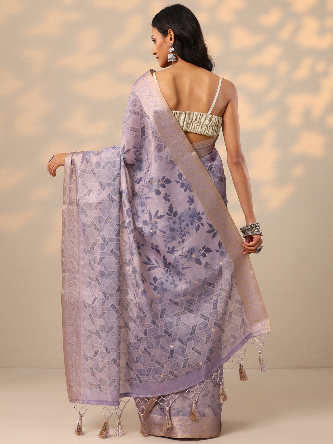  Lavender Printed Silk blend Saree With Unstitched Blouse Piece 