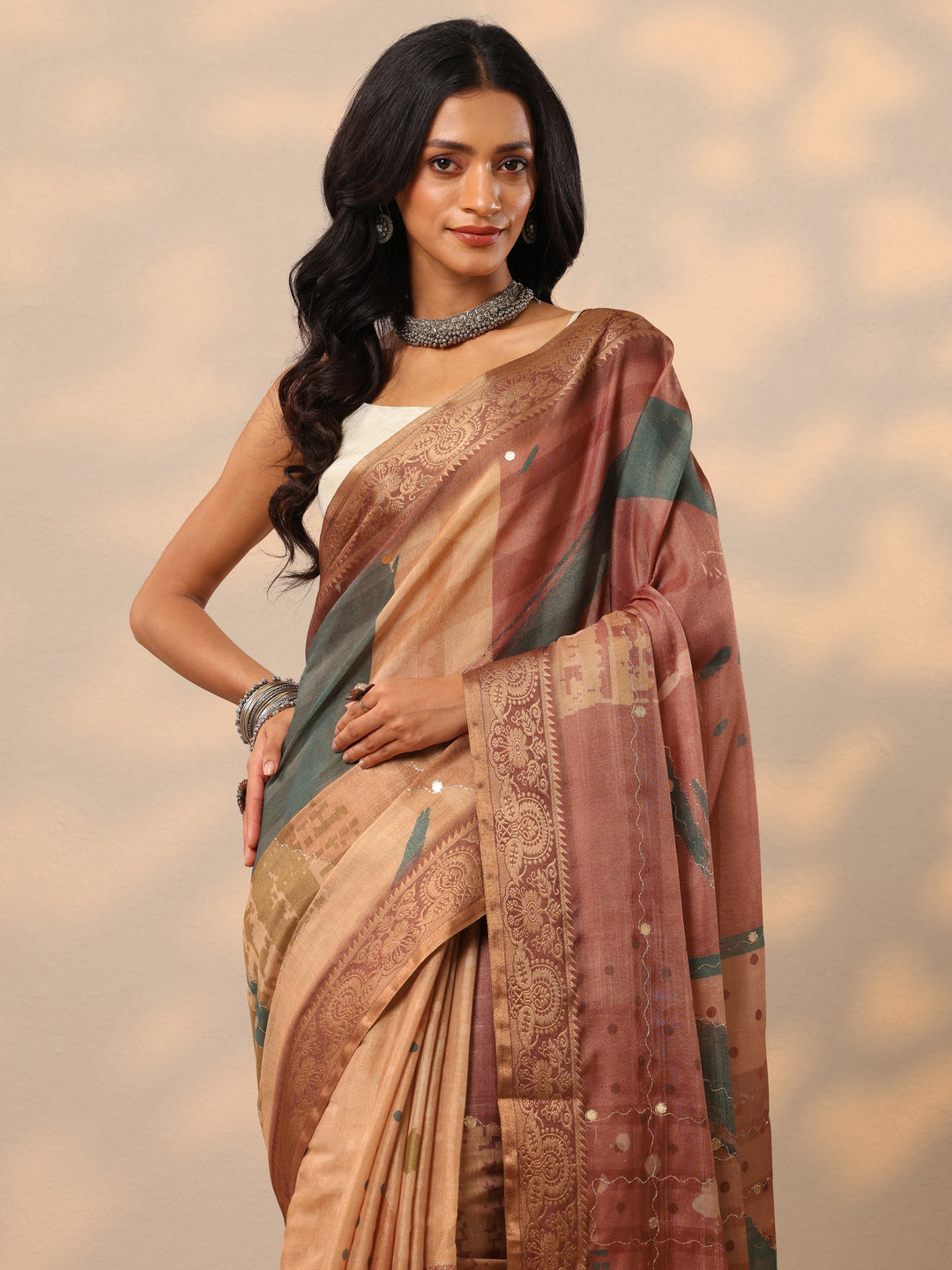  Peach Printed Silk blend Saree With Unstitched Blouse Piece 