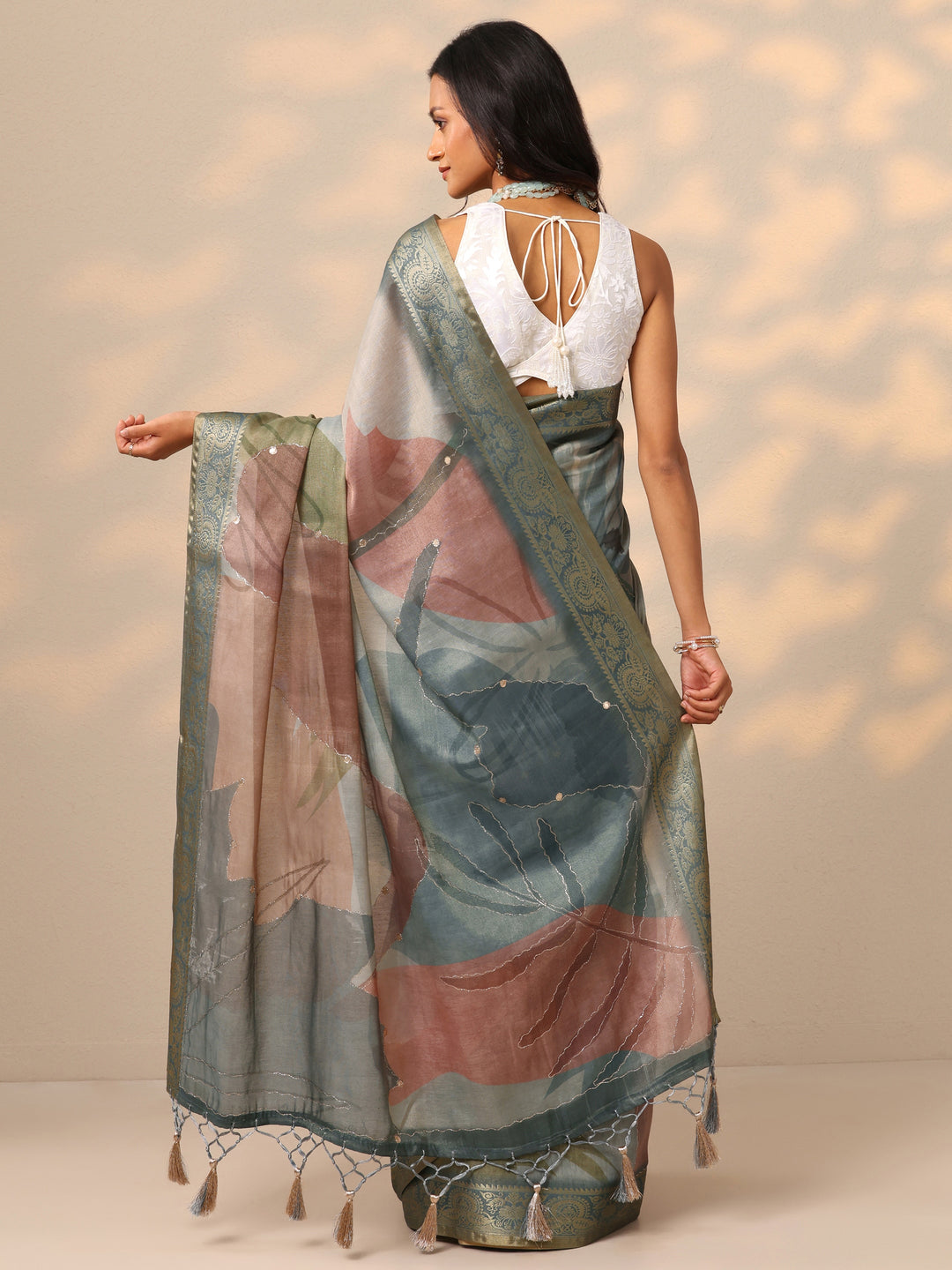  Blue Printed Silk blend Saree With Unstitched Blouse Piece 