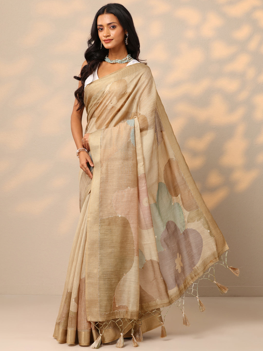  Beige  Woven Design Silk blend Saree With Unstitched Blouse Piece 