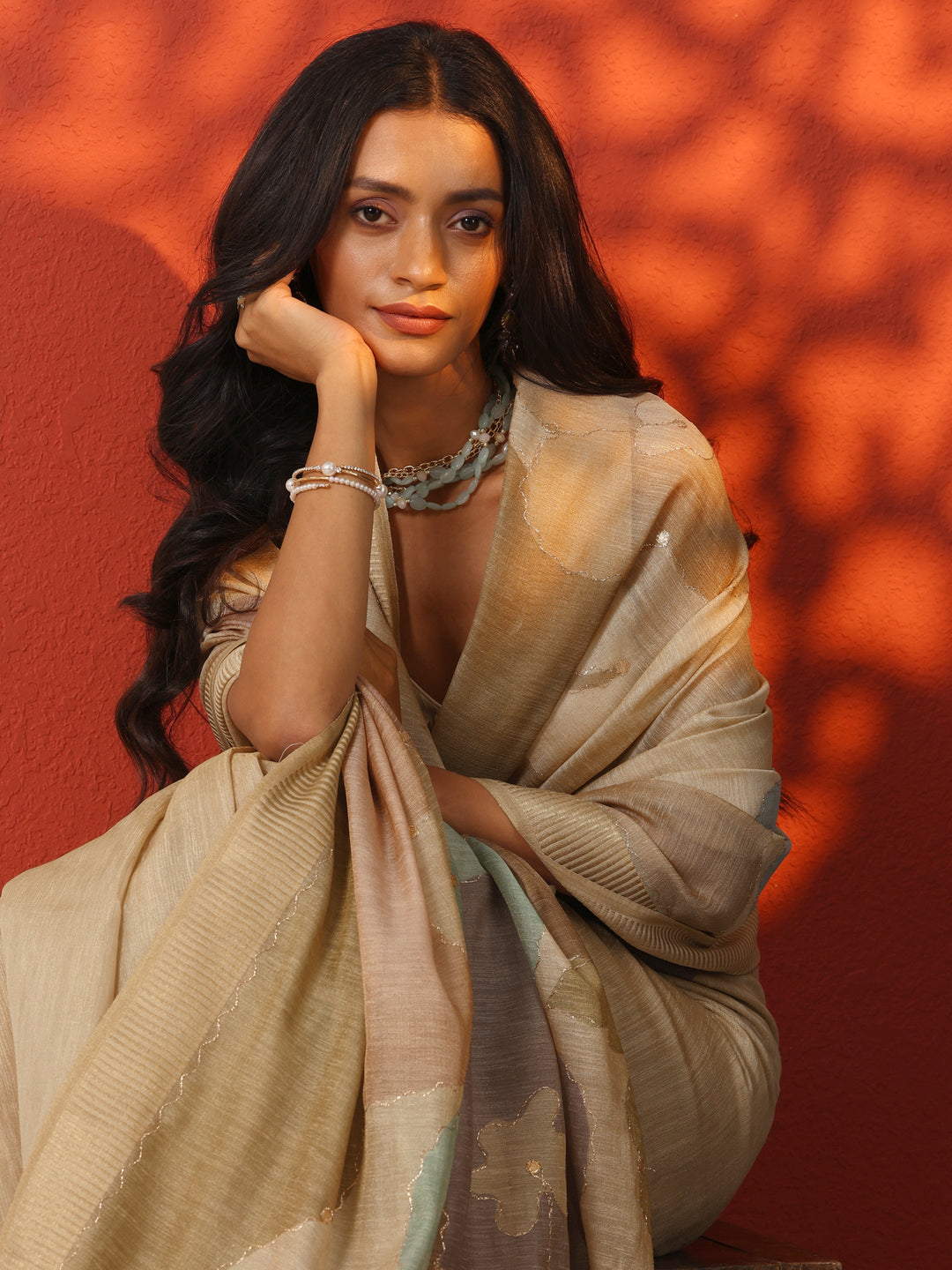 Beige  Woven Design Silk blend Saree With Unstitched Blouse Piece