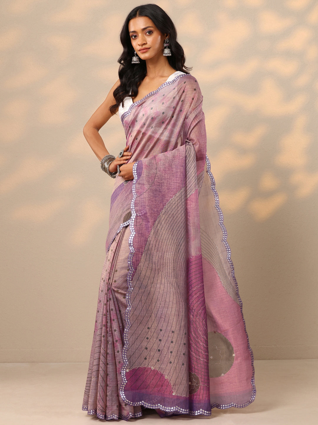  Lavender Printed Silk blend Saree With Unstitched Blouse Piece 