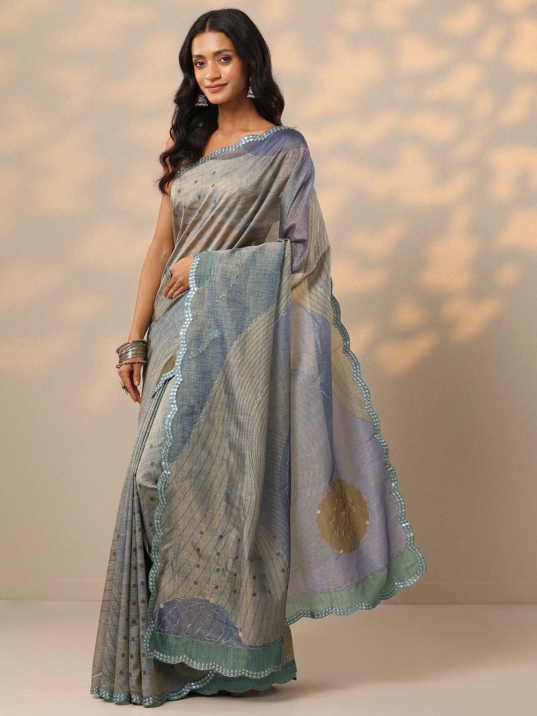  Blue Printed Silk blend Saree With Unstitched Blouse Piece 