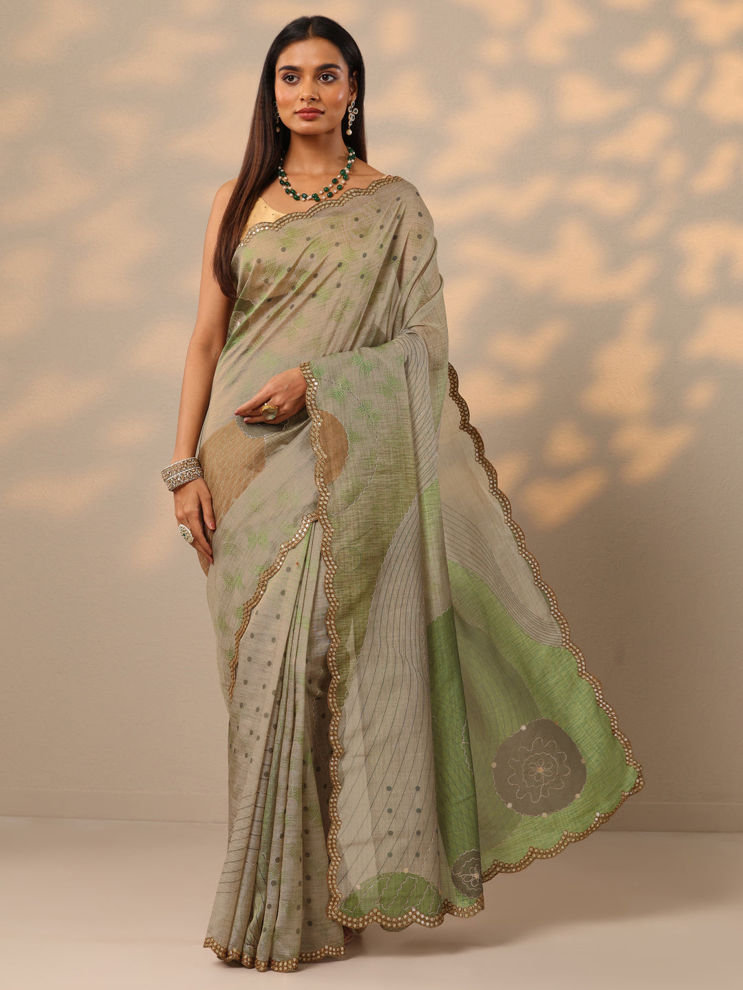  Green Printed Silk blend Saree With Unstitched Blouse Piece 