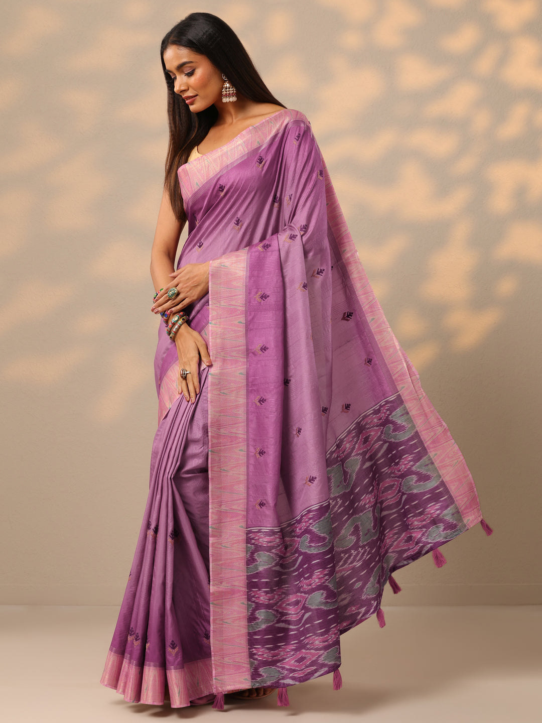  Mauve Ikat Woven Design Silk Blend Saree With Unstitched Blouse Piece 