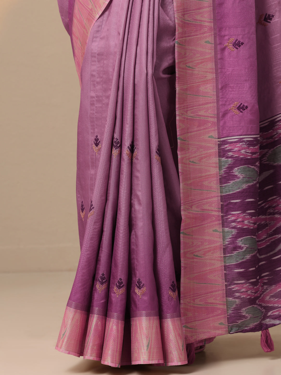  Mauve Ikat Woven Design Silk Blend Saree With Unstitched Blouse Piece 