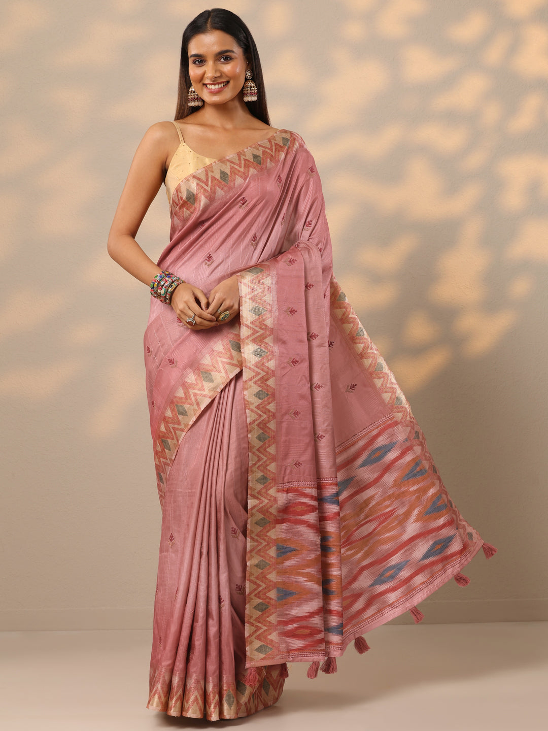 Peach Ikat Woven Design Silk Blend Saree With Unstitched Blouse Piece 