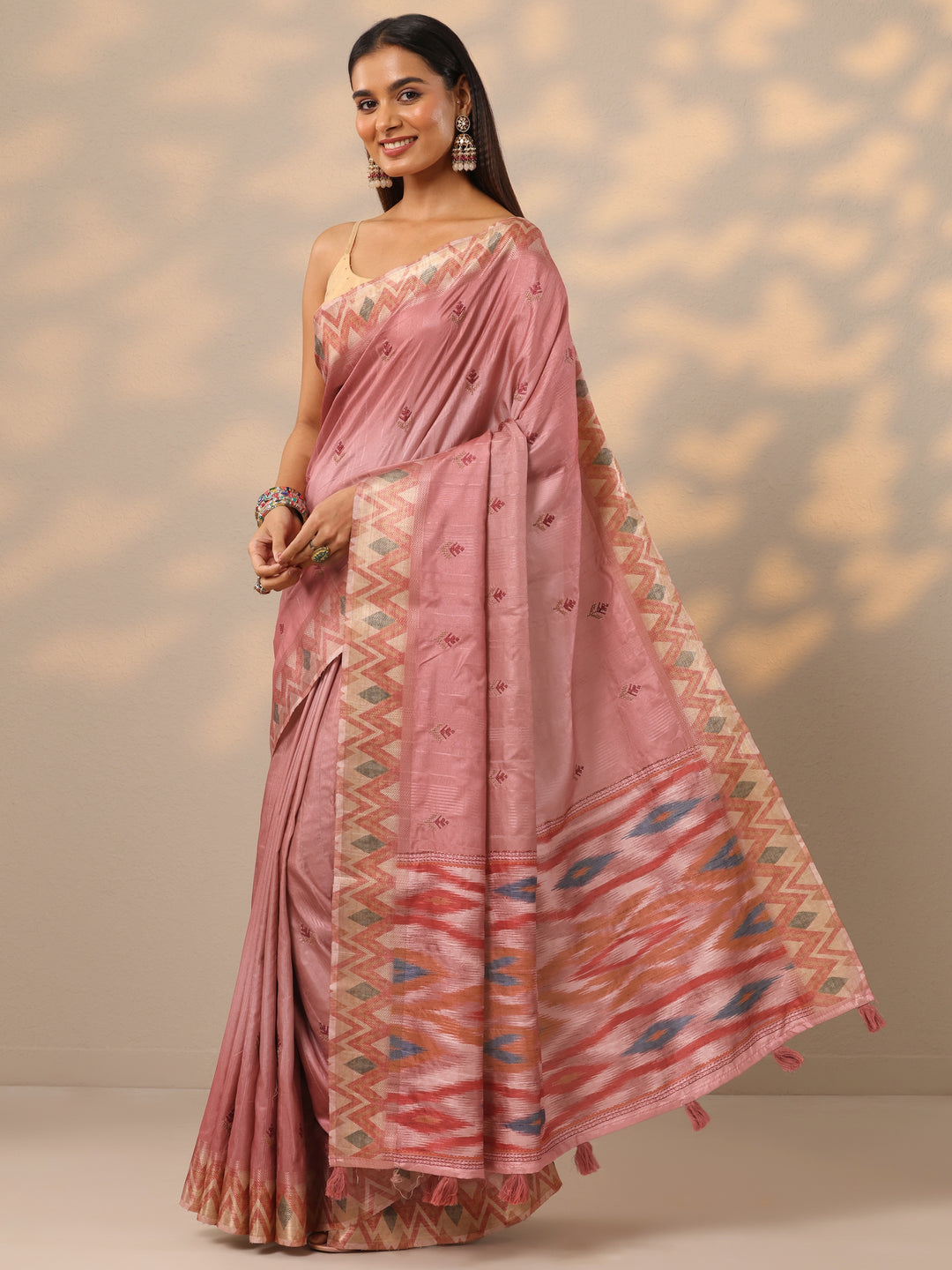  Peach Ikat Woven Design Silk Blend Saree With Unstitched Blouse Piece 