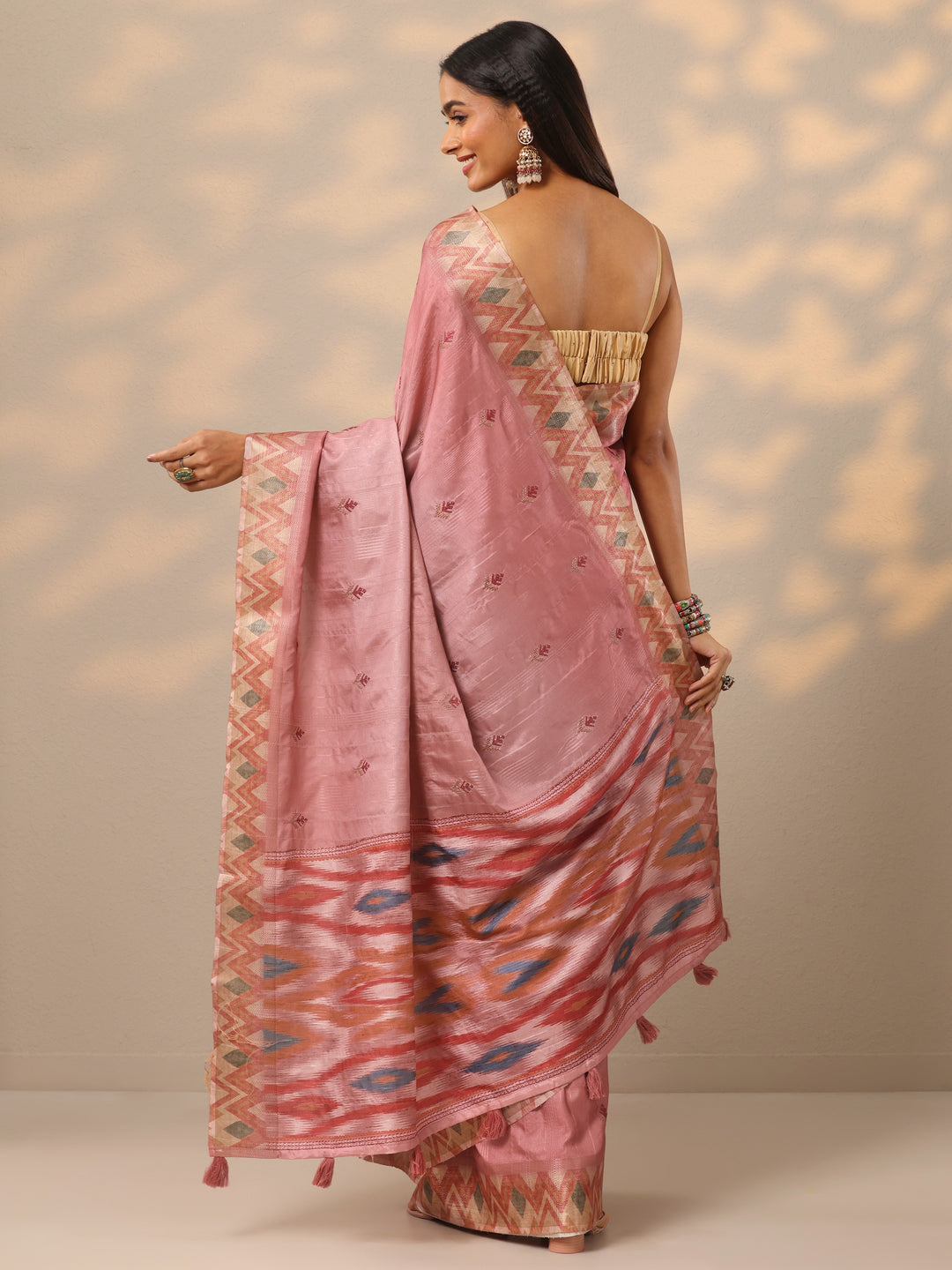  Peach Ikat Woven Design Silk Blend Saree With Unstitched Blouse Piece 