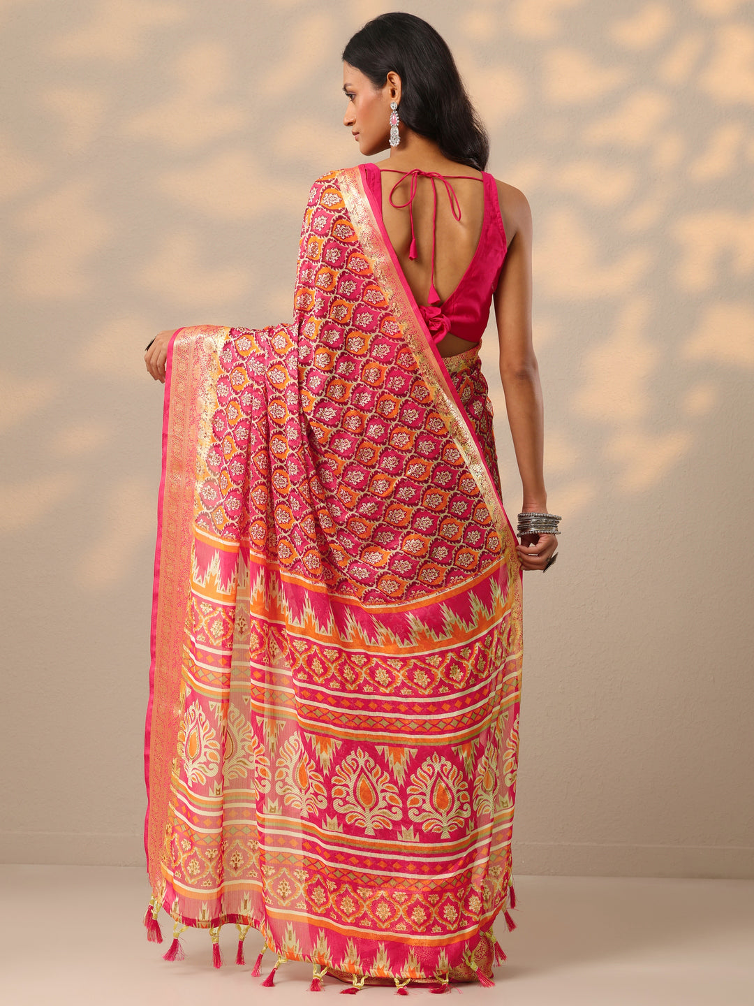  Magenta Printed Banarasi Georgette Saree With Unstitched Blouse Piece 