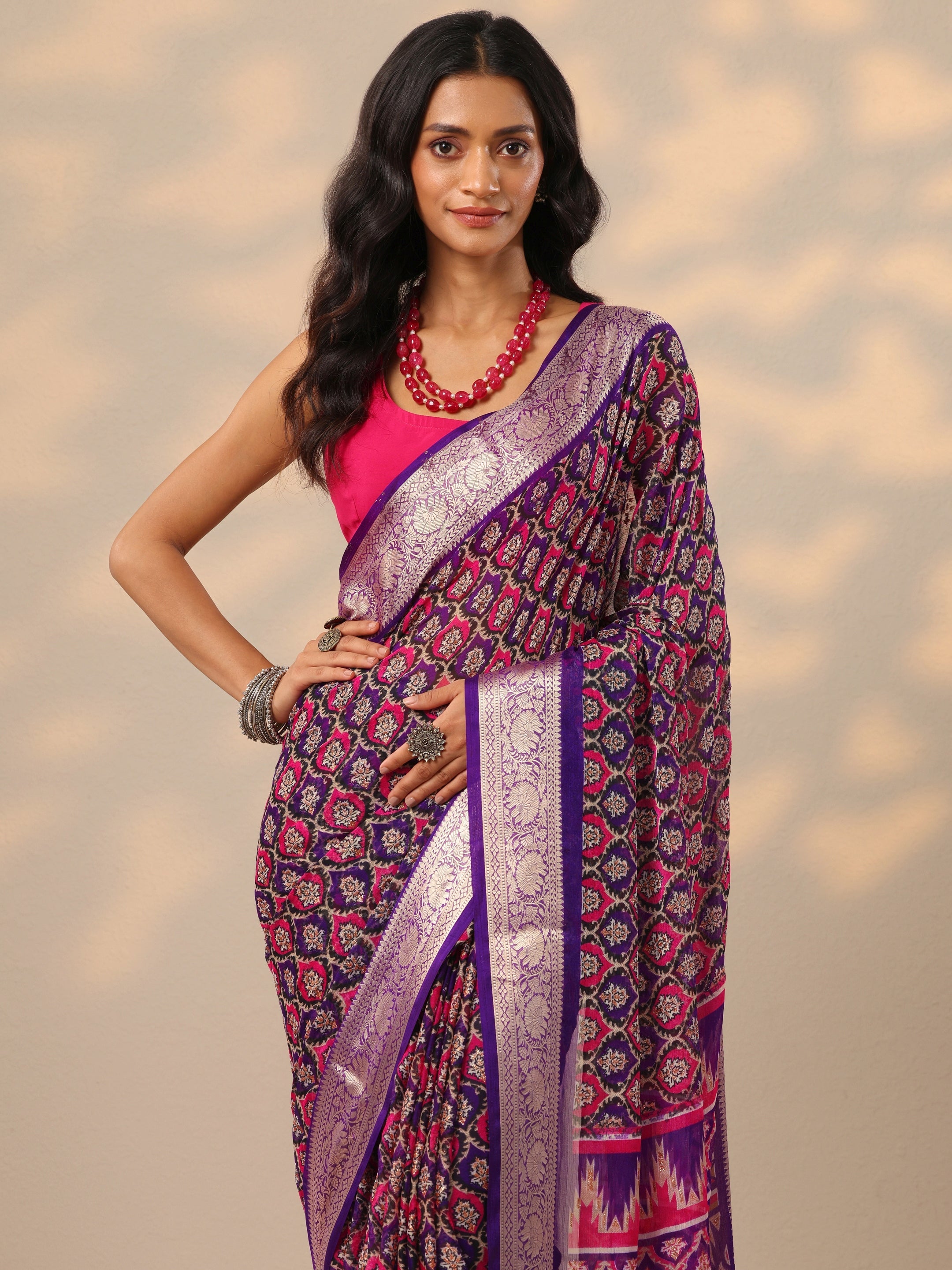 libas Purple Printed Georgette Saree With Unstitched Blouse Piece-picture-13
