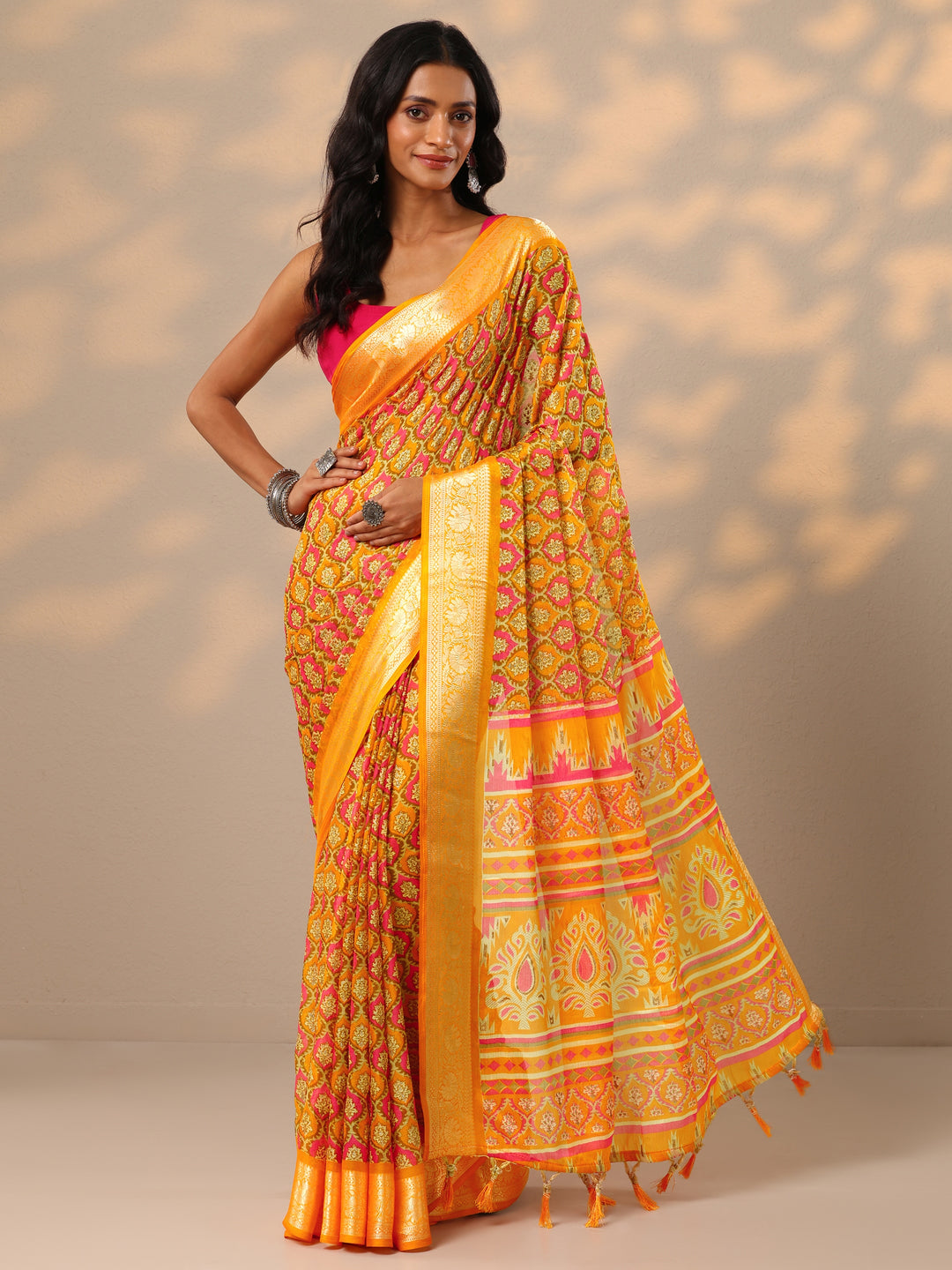  Mustard Printed Banarasi Georgette Saree With Unstitched Blouse Piece 