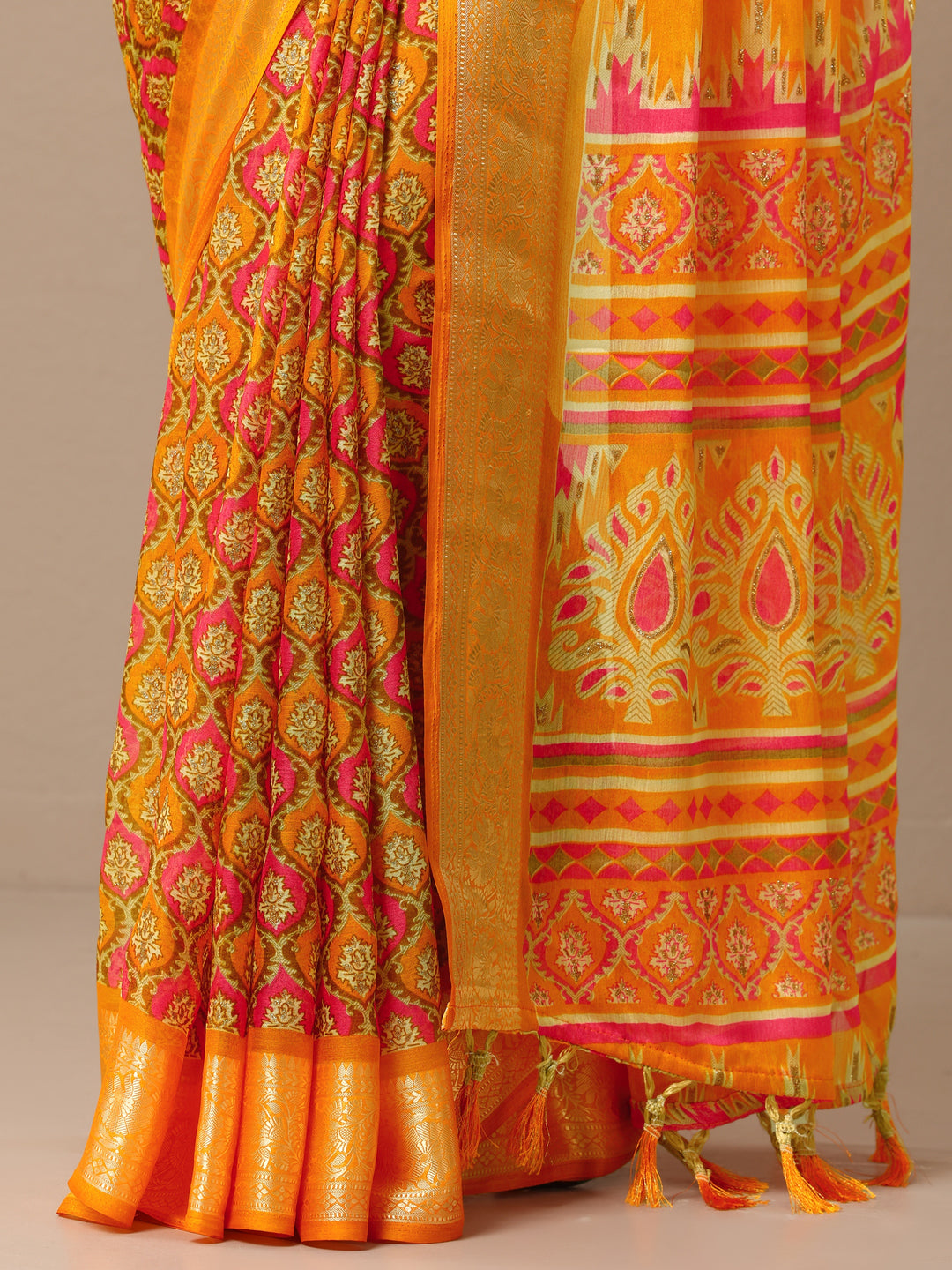 Mustard Printed Banarasi Georgette Saree With Unstitched Blouse Piece 