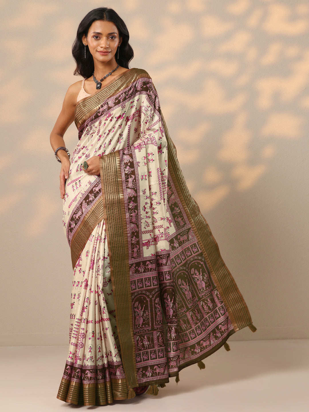  Beige Printed Baluchari Silk blend Saree With Unstitched Blouse Piece 
