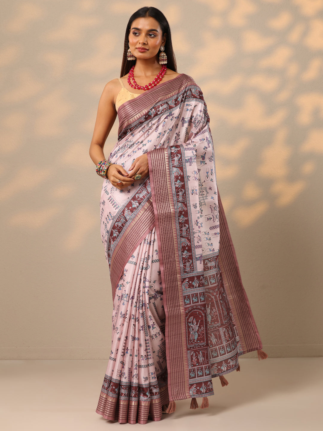  Pink Printed Silk blend Saree With Unstitched Blouse Piece 