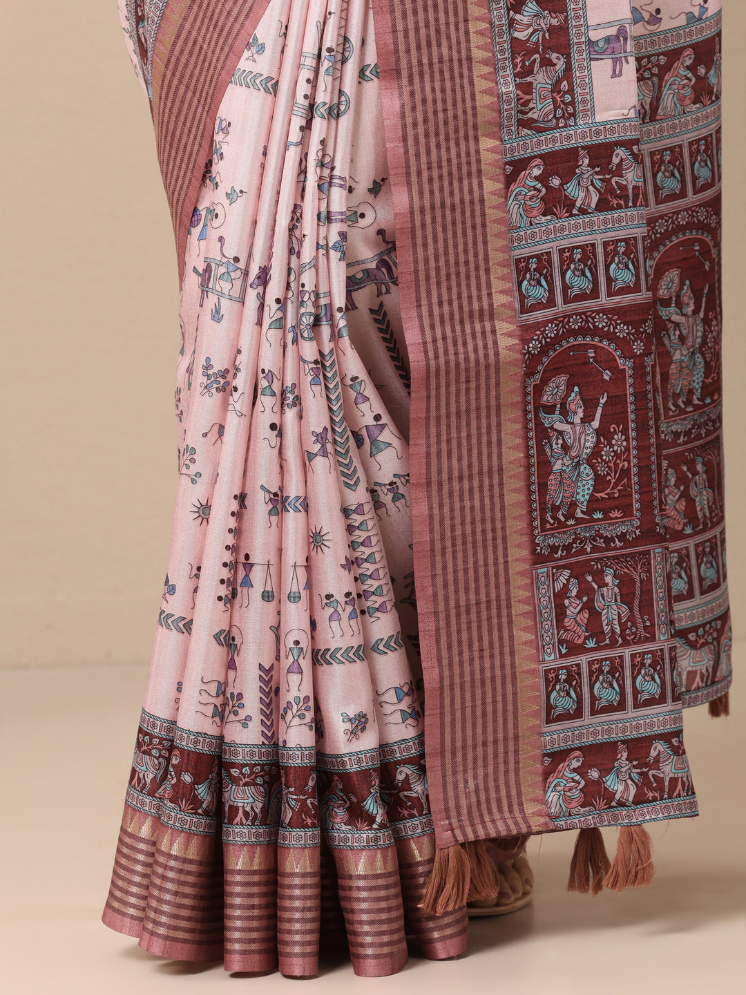  Pink Printed Silk blend Saree With Unstitched Blouse Piece 
