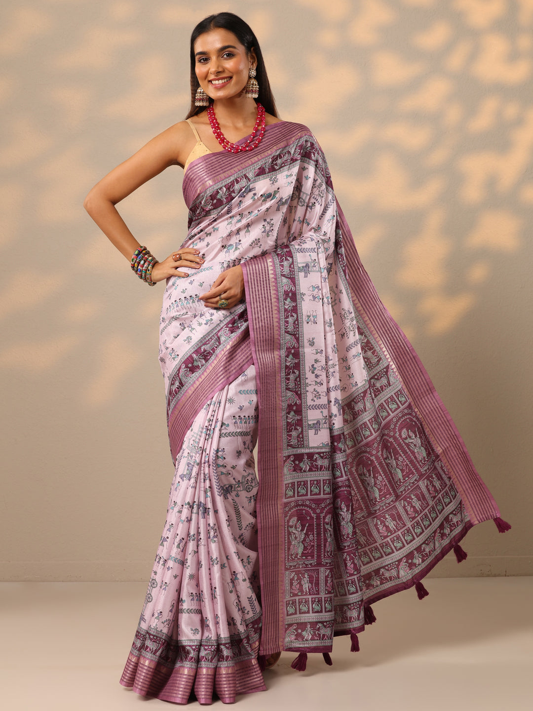  Lavender Printed Silk blend Saree With Unstitched Blouse Piece 