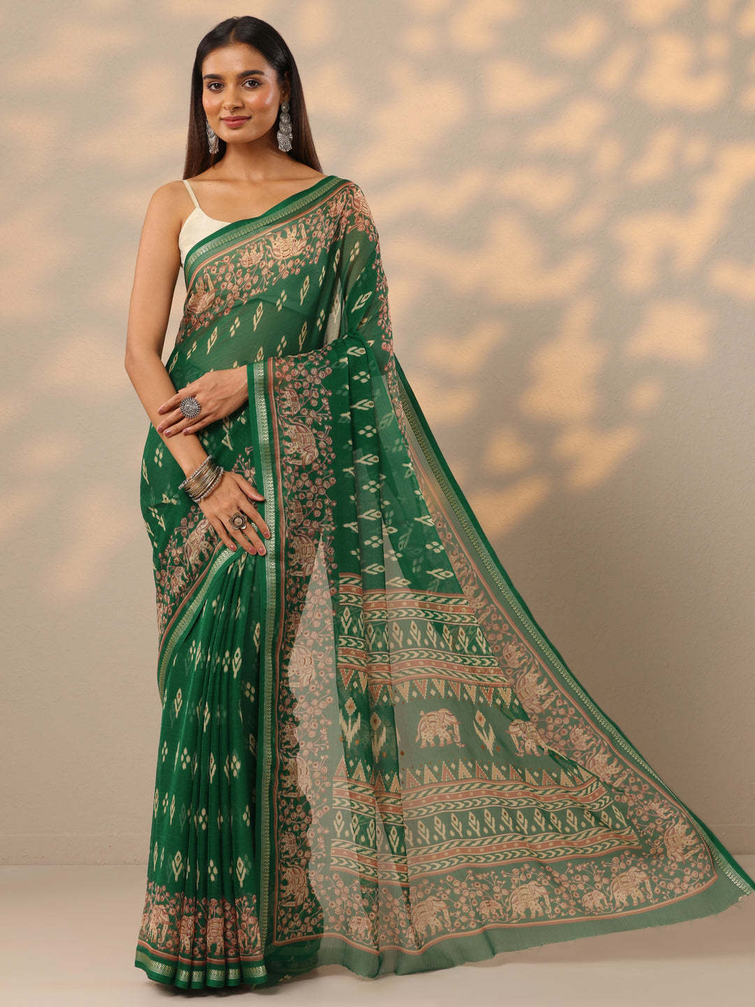 Green Printed Chiffon Saree With Unstitched Blouse Piece 