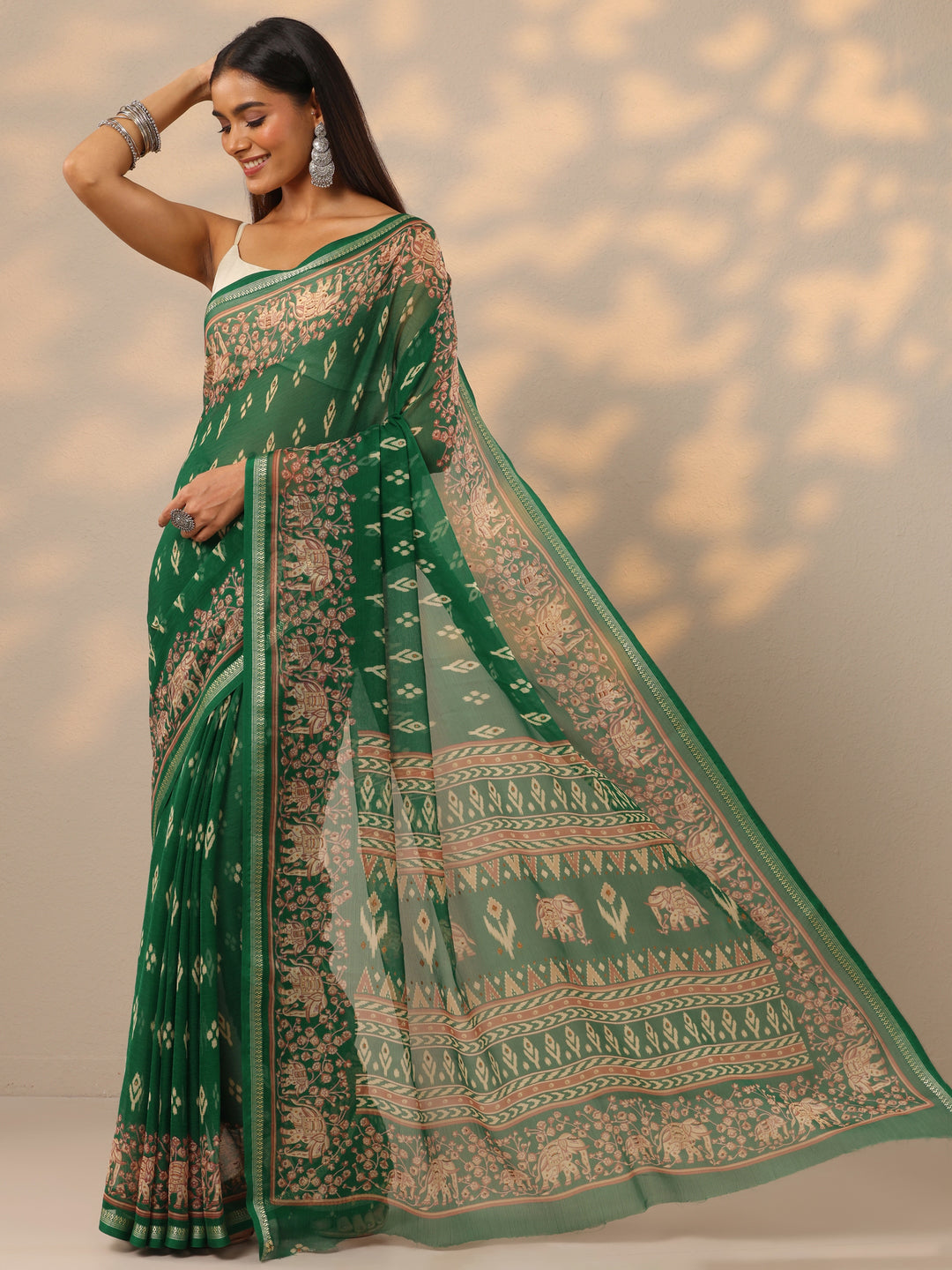  Green Printed Chiffon Saree With Unstitched Blouse Piece 