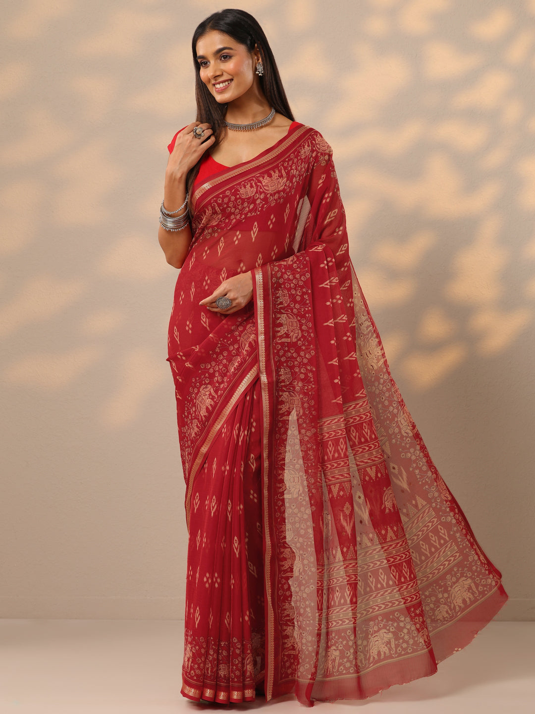 Red Ikat Printed Chiffon Saree With Unstitched Blouse Piece 