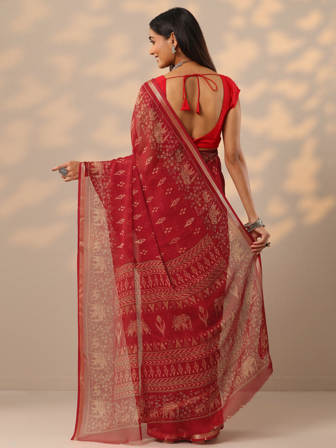  Red Ikat Printed Chiffon Saree With Unstitched Blouse Piece 