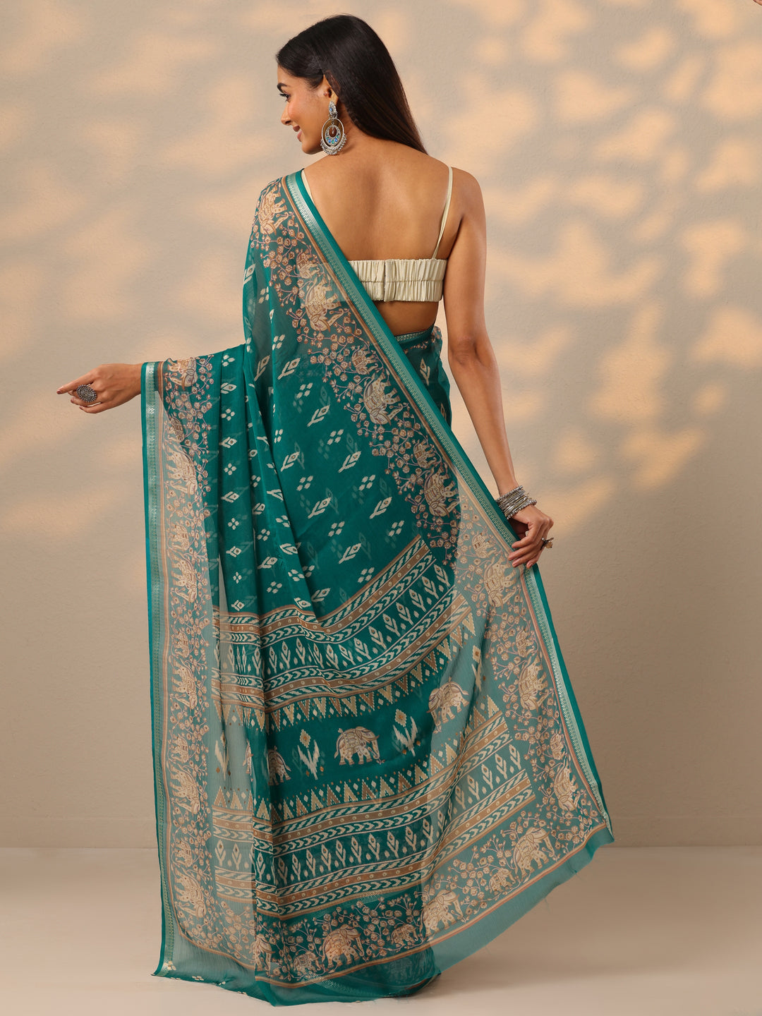  Green Printed Chiffon Saree With Unstitched Blouse Piece 